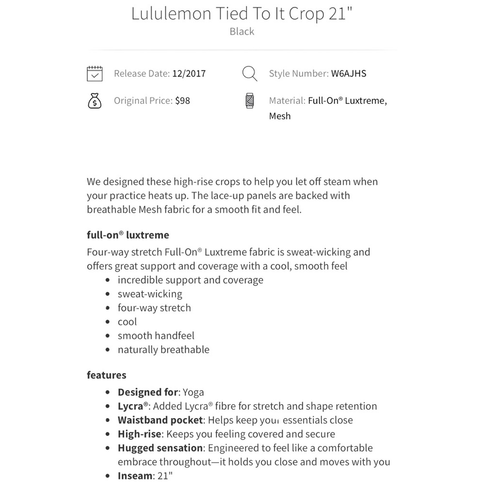 LULULEMON Tied To It Crop 21"‎ in Black - Picture 6 of 7